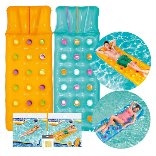 Sun Lounger Float Pool Inflatables - Blue & Yellow Pool Float Inflatable Mattress Air Bed with Built in Pillow & Heavy Duty Patch Repair Kit. Water Hammock with Topline Card for Swimming Pool