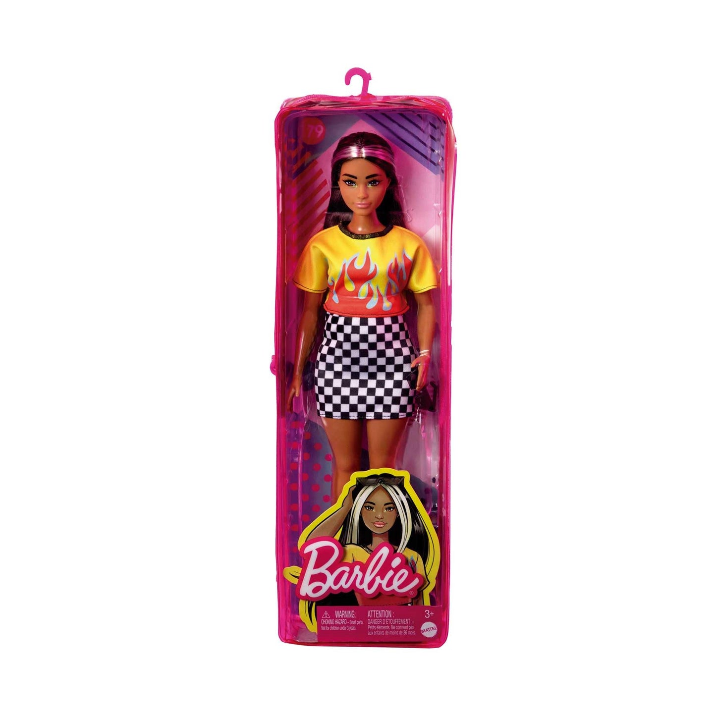 Barbie Fashionistas Doll #179, Curvy, Long Highlighted Hair & Flame Crop Top, Checkered Skirt, Sneakers & Sunglasses, Toy For Kids 3+
