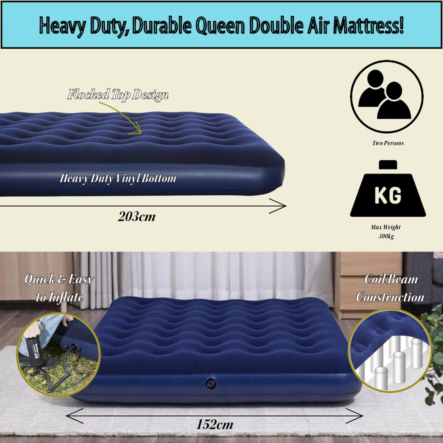 Topline Double Air Bed Inflatable Mattress Queen Blue with Pillows & Hand Pump
