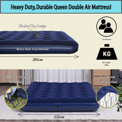 Topline Double Air Bed Inflatable Mattress Queen Blue with Pillows & Hand Pump