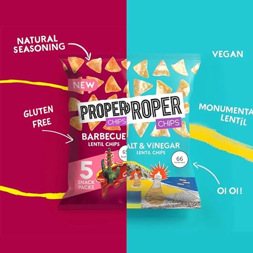 Gluten Free Lentil Crisps Multipack - Box of 32 Vegan Proper Chips BBQ & Salt Vinegar Low Calorie Snacks with EXTRA 3 x 14g Sweet & Salty Popcorn Bags. Healthy Snacks for Lunch Box, Movie Night