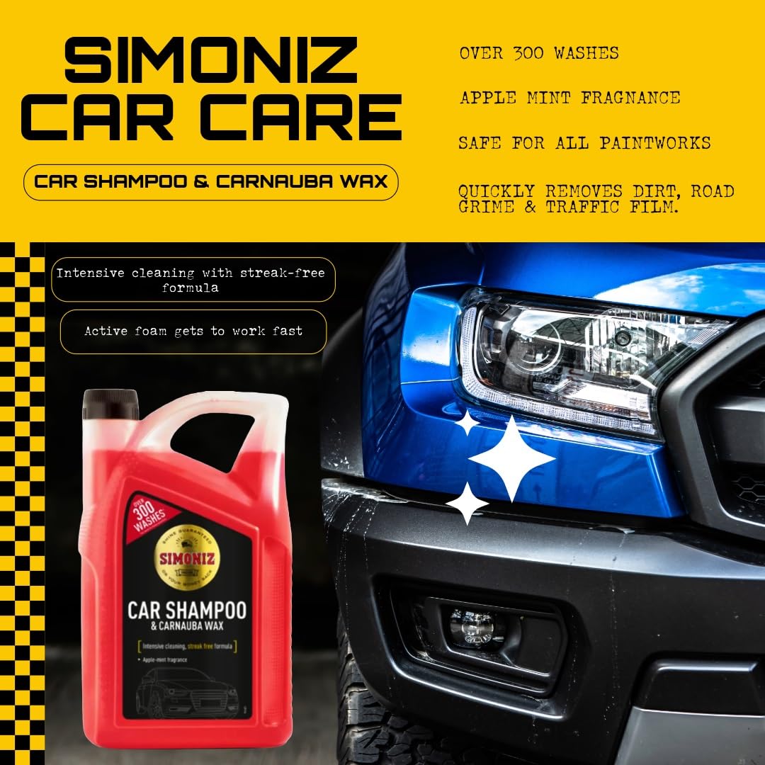 Car Shampoo & Tyre Shine Bundle - Simoniz Dual Action Car Wash Shampoo with Carnauba Wax 5L, Back to Black Tyre Shine Spray 600ml & Large Foam Sponge for Intensive Long Lasting Cleaning with Card