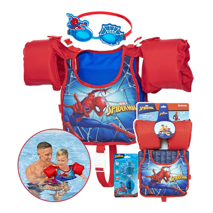 Swimming Float Swim Vest Bundle - Learn to Swim Spiderman Kids Swim Vest with Built-In Foam, Arm Bands & Goggles. Great for Water Parks, Swimming Pool or Birthday Gifts for Kids with Topline Card.
