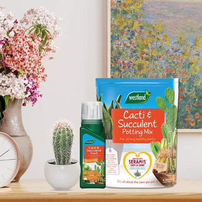 Westland Cacti & Succulent Growing Bundle - Peat Free Succulent Potting Mix Compost with Seramis 4L x 2 Bags & Cactus Feed Concentrate 200ml. House Plant Compost Food with Topline Card.