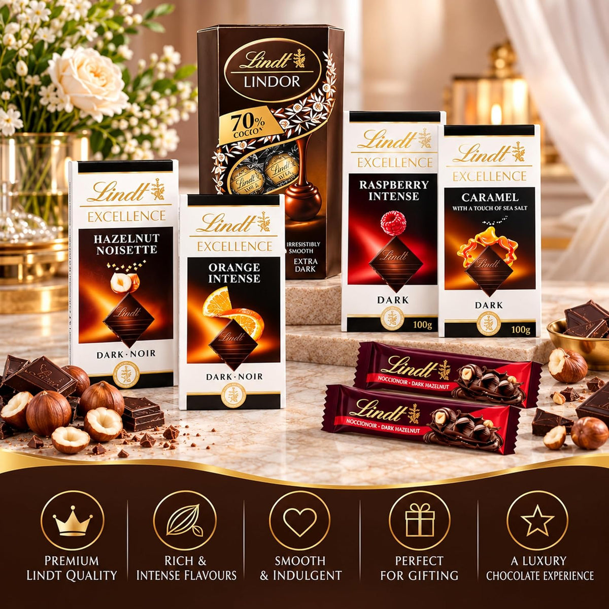 Dark Lindt Chocolates Hamper for Birthday Gifts -  x 100g Caramel, Orange, Raspberry & Hazelnut Flavour Chocolate Bars, Truffles 200g & 2x35g Hazelnut Bars
