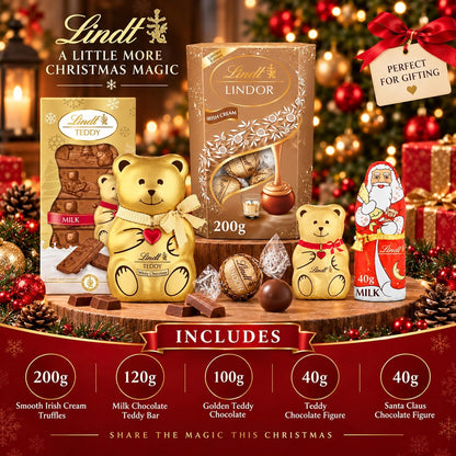 Lindt Chocolates Hamper Gift Box – Assorted 500g Chocolates Gift Box with Irish Cream Truffles, Milk Teddy Bar, Golden Teddy, Santa & Samll Teddy – Secret Santa Christmas Gift Stocking Fillers