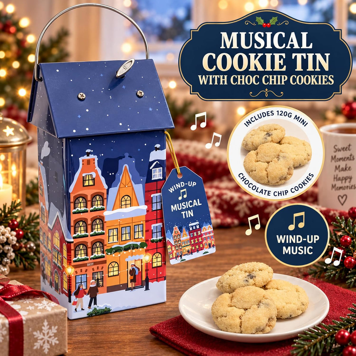 Musical Chocolate Biscuit Tin Gift - Collectible Tin Filled with Milk Chocolate Chips Biscuits 120g