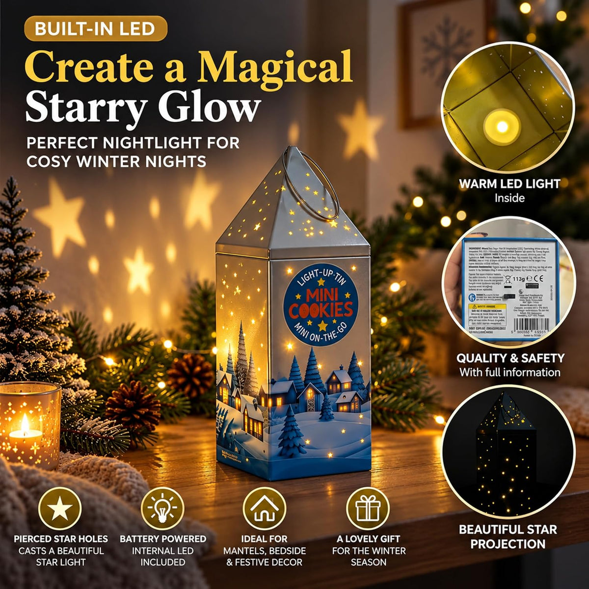 Light Up Christmas Lantern Tin with Mini Cookies – Decorative LED Biscuit Tin