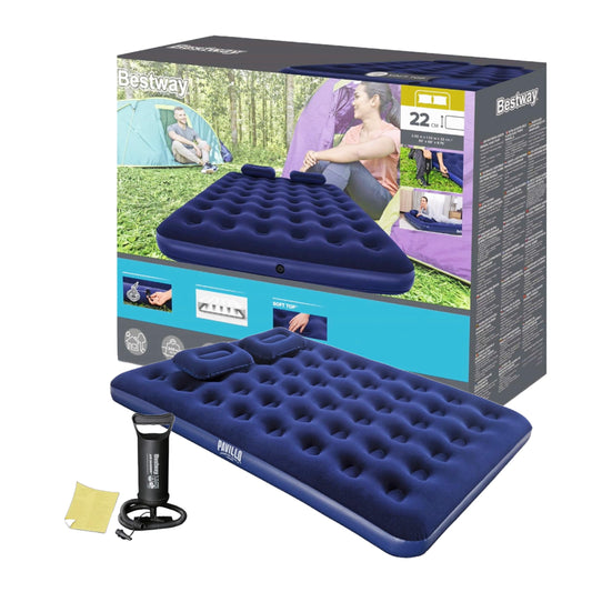 Topline Double Air Bed Inflatable Mattress Queen Blue with Pillows & Hand Pump