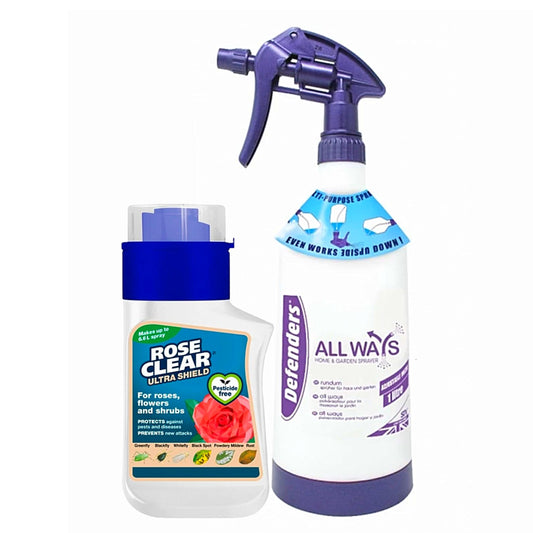 Rose Clear Bug Spray Killer - 1L Multi Purpose Home & Garden Spray Bottle & 3 in 1 Rose Ultra Shield Concentrate 200ml Insecticide and Fungicide Insect Killer. Rose Plant Protection with Topline Card