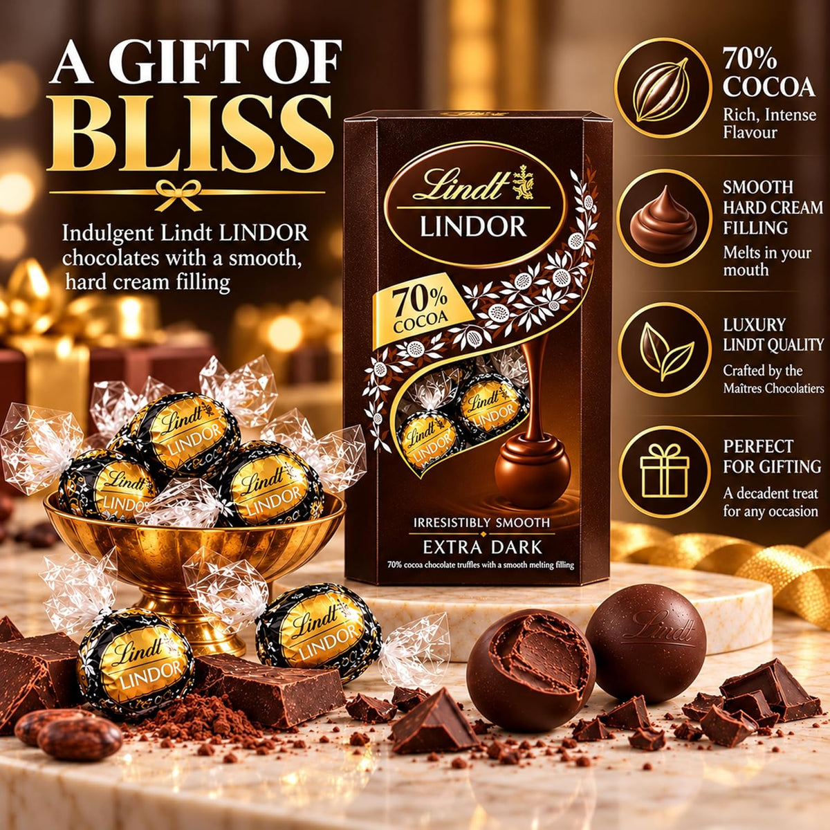 Dark Lindt Chocolates Hamper for Birthday Gifts -  x 100g Caramel, Orange, Raspberry & Hazelnut Flavour Chocolate Bars, Truffles 200g & 2x35g Hazelnut Bars