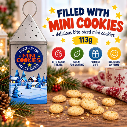Light Up Christmas Lantern Tin with Mini Cookies – Decorative LED Biscuit Tin