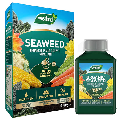 Seaweed Garden Plants Food Fertilizer - Organic Enhanced Plant Growth Stimulant 2.5kg & Liquid Plant Feed Growth Stimulant 1L Garden Fertilisers for Vegetable Plants, Fruits with Topline Card.