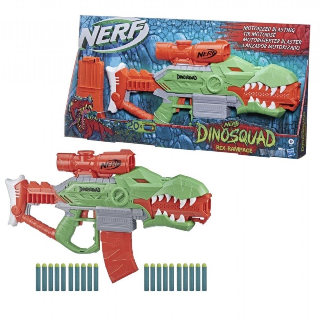 Nerf DinoSquad Rex-Rampage Motorised Dart Blaster with 10-Dart Clip & 20 Darts