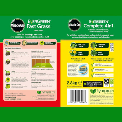 Fast Growing Grass Seed Bundle - Miracle GRO Child & Pet Friendly Fast Grass Lawn Seed 480g 16m2 & Complete 4in1 Lawn Food Spreader 2.8kg 80m2 Spring Lawn Feed Weed and Moss Killer with Topline Card