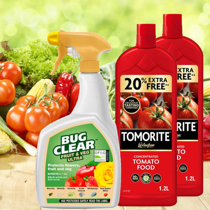 Tomato Plant Food Growing Fertilizer - Bundle of 2 x 1.2L Tomato Feed Concentrated Liquid Enriched Seaweed Fertiliser & 800ml Bug Clear Controller for Fruit and Vegetable Plants with Topline Card