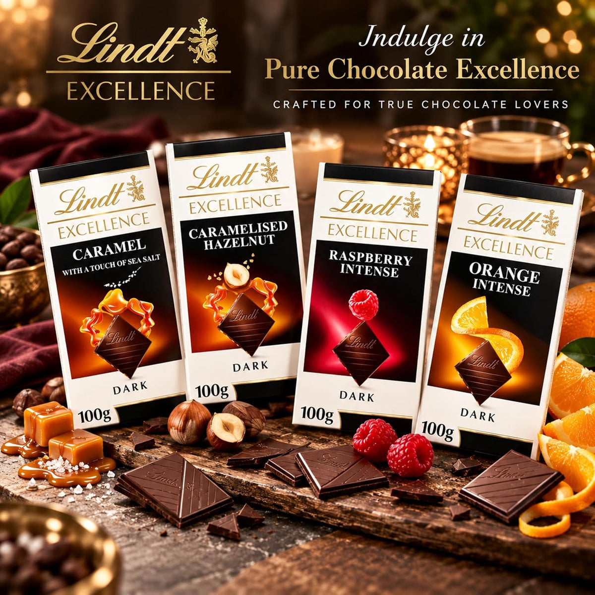 Dark Lindt Chocolates Hamper for Birthday Gifts -  x 100g Caramel, Orange, Raspberry & Hazelnut Flavour Chocolate Bars, Truffles 200g & 2x35g Hazelnut Bars