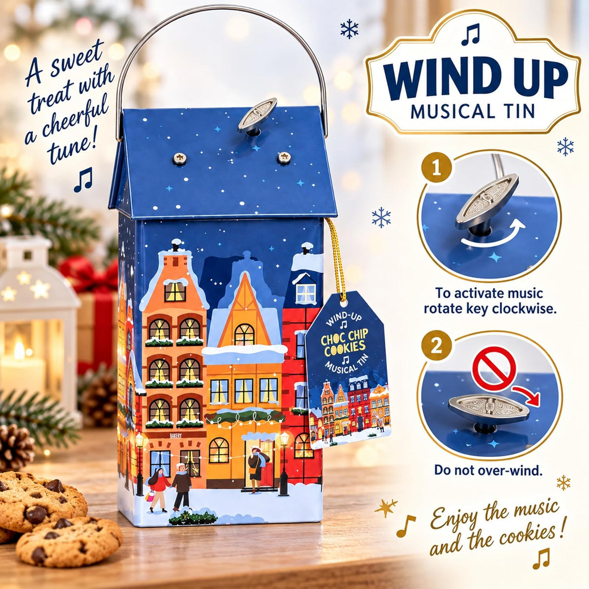 Musical Chocolate Biscuit Tin Gift - Collectible Tin Filled with Milk Chocolate Chips Biscuits 120g
