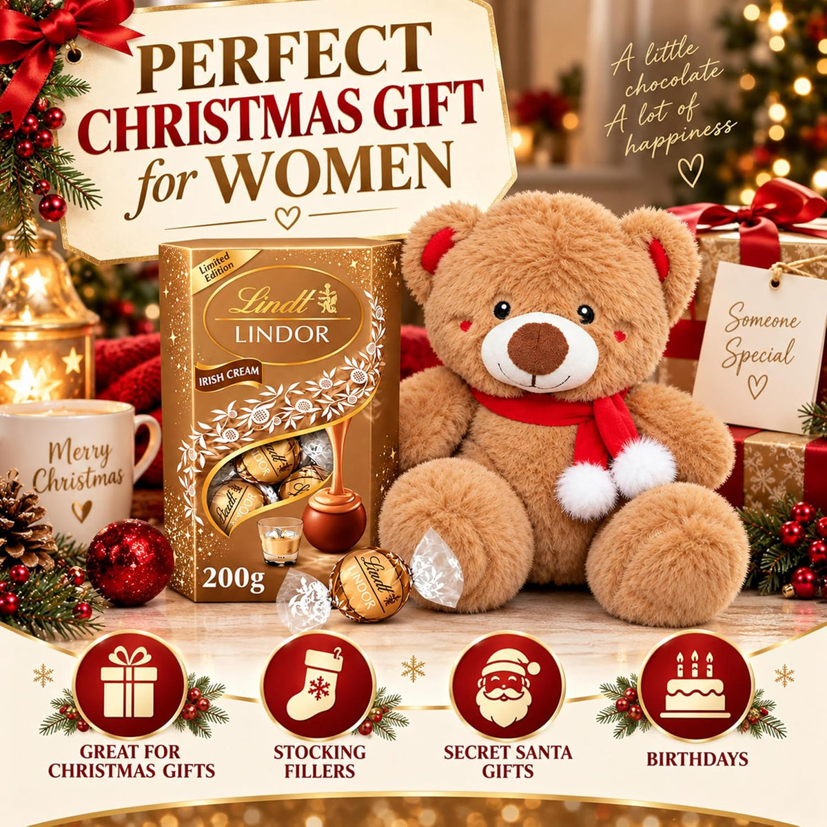 Lindt Chocolates & Teddy Bear for Christmas Gift - Lindor Irish Cream Truffles 200g & Bernie Teddy Bear