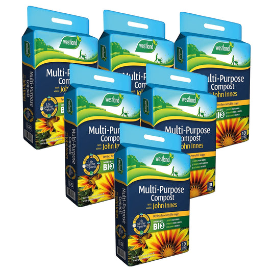 Westland Multipurpose Garden Plant Compost - Peat Free Multi-Purpose Compost with John Innes 6 x 10L Garden Soil Bags for Indoor & Outdoor House Plants, Vegetable Growing. Comes with Topline Card.