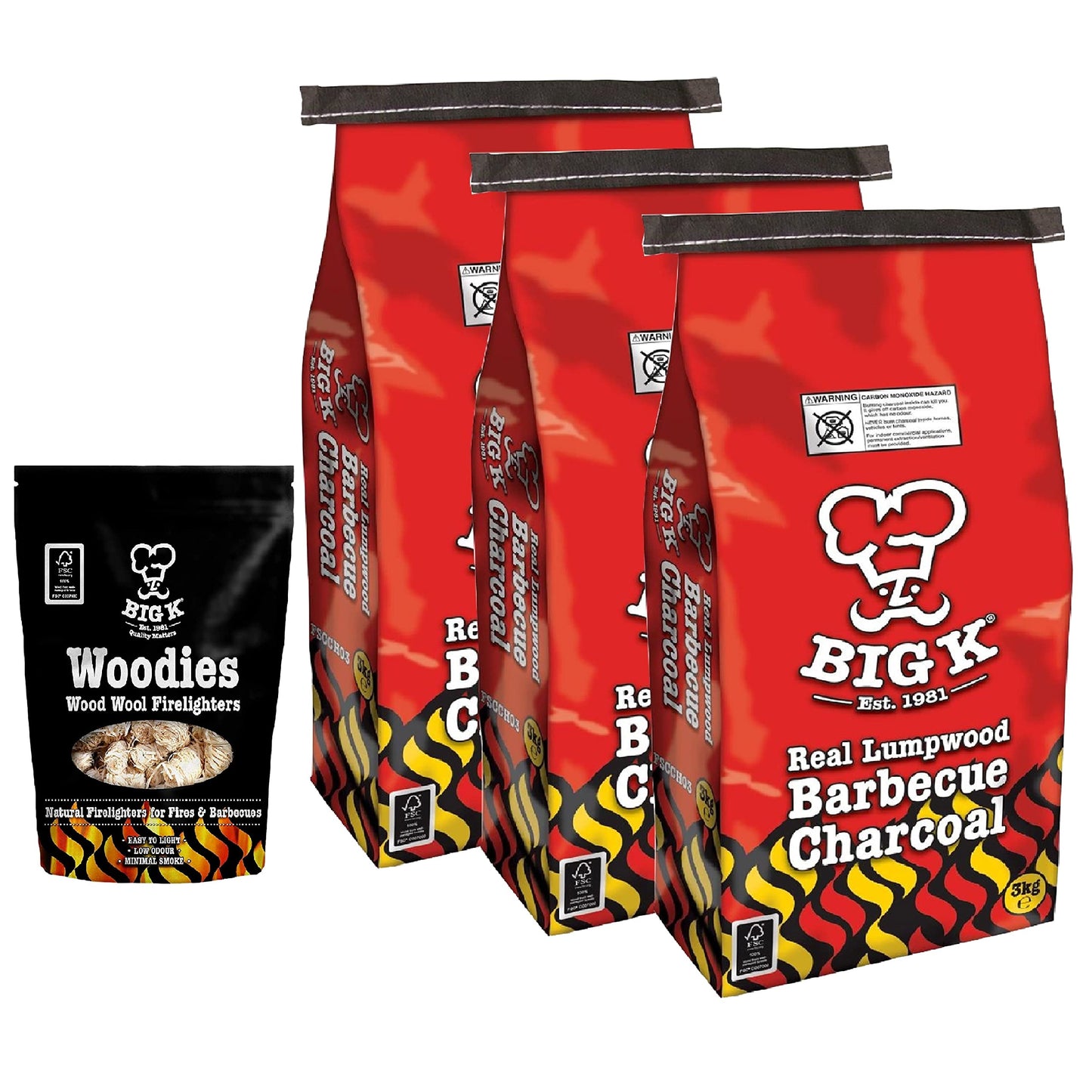 Big K Barbecue Grill Charcoal 3x3kg Lumpwood + Woodies Wood Wool Firelighters 300g