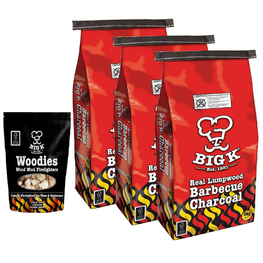 Big K Barbecue Grill Charcoal 3x3kg Lumpwood + Woodies Wood Wool Firelighters 300g