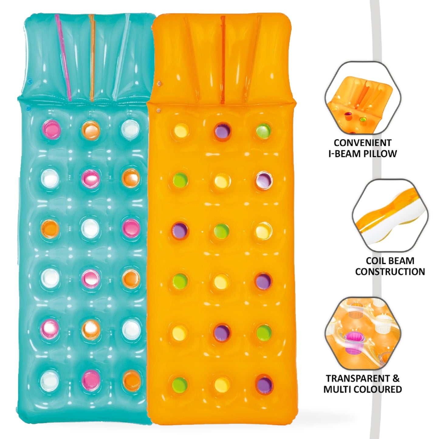 Sun Lounger Float Pool Inflatables - Blue & Yellow Pool Float Inflatable Mattress Air Bed with Built in Pillow & Heavy Duty Patch Repair Kit. Water Hammock with Topline Card for Swimming Pool