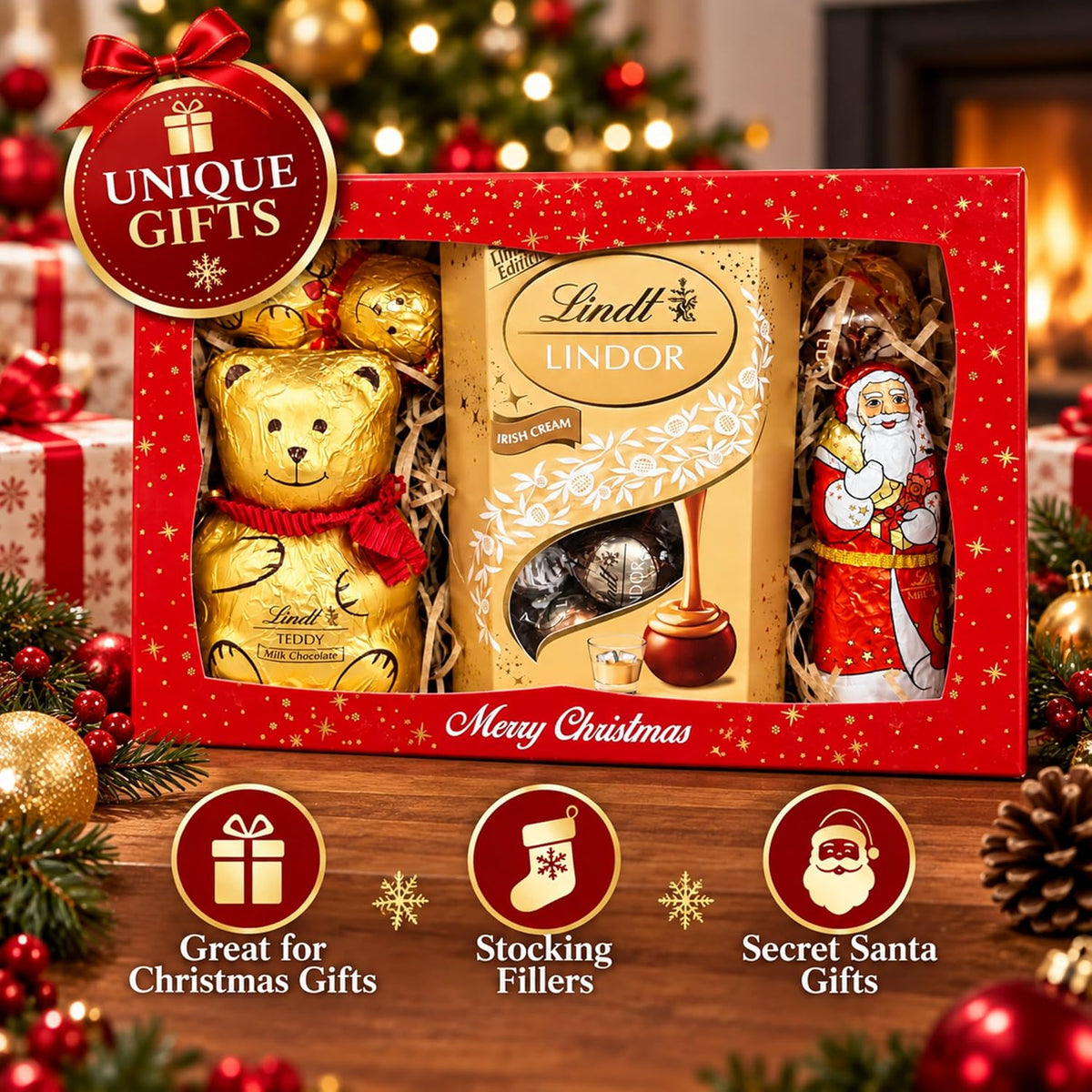Lindt Chocolates Hamper Gift Box – Assorted 500g Chocolates Gift Box with Irish Cream Truffles, Milk Teddy Bar, Golden Teddy, Santa & Samll Teddy – Secret Santa Christmas Gift Stocking Fillers