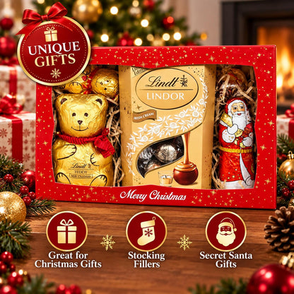 Lindt Chocolates Hamper Gift Box – Assorted 500g Chocolates Gift Box with Irish Cream Truffles, Milk Teddy Bar, Golden Teddy, Santa & Samll Teddy – Secret Santa Christmas Gift Stocking Fillers