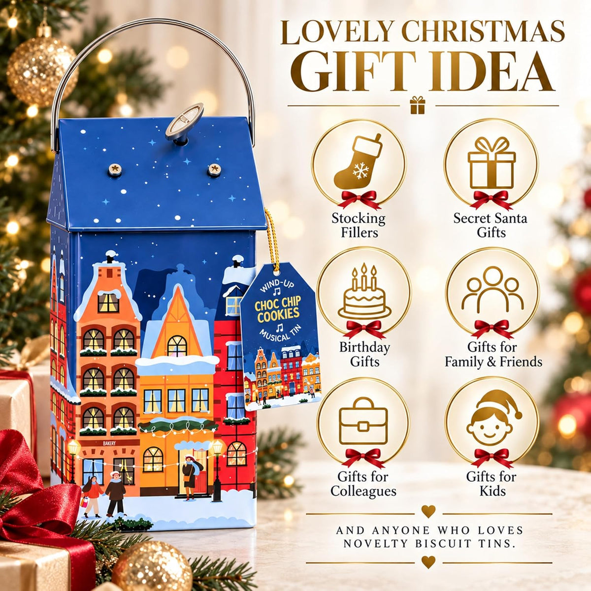 Musical Chocolate Biscuit Tin Gift - Collectible Tin Filled with Milk Chocolate Chips Biscuits 120g