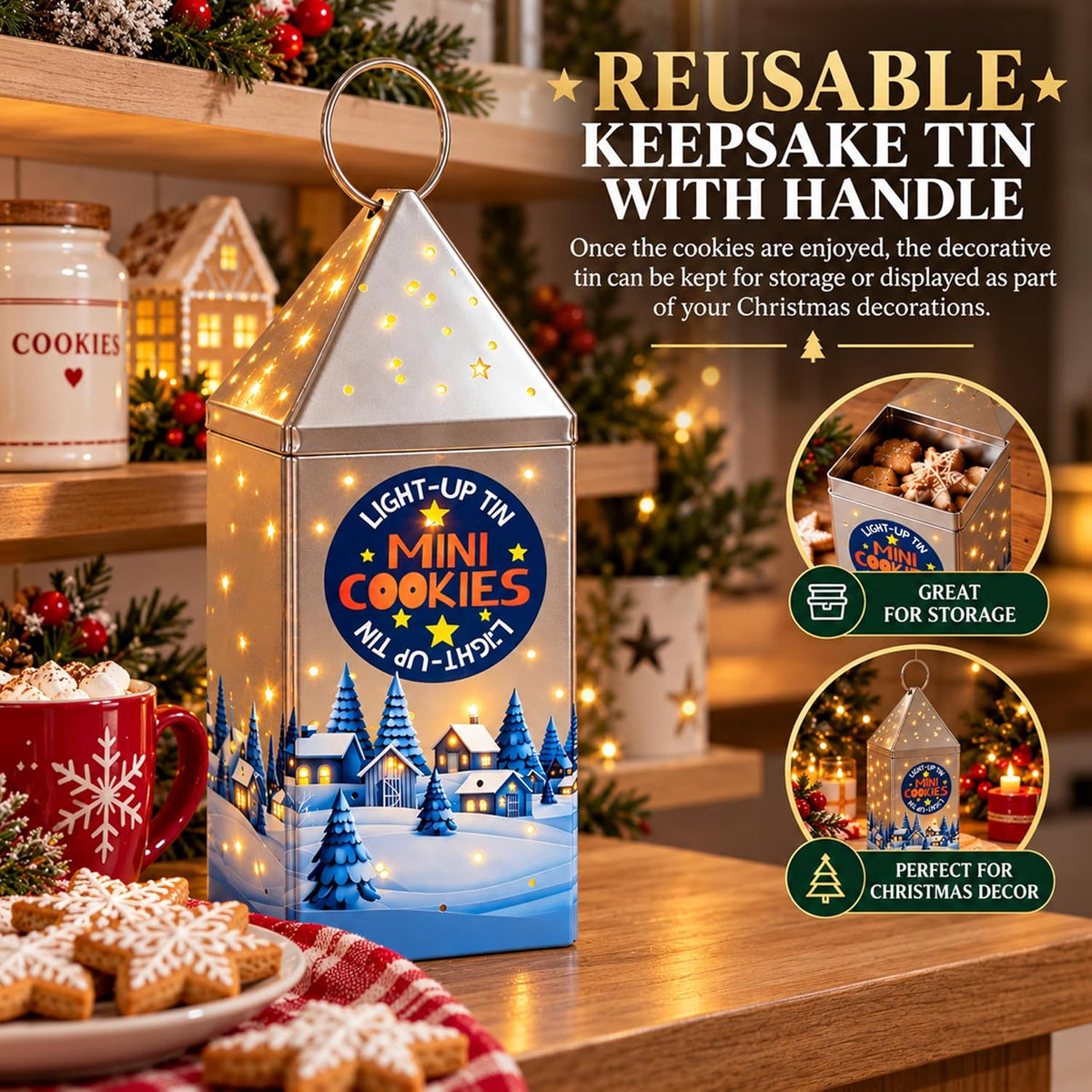 Light Up Christmas Lantern Tin with Mini Cookies – Decorative LED Biscuit Tin
