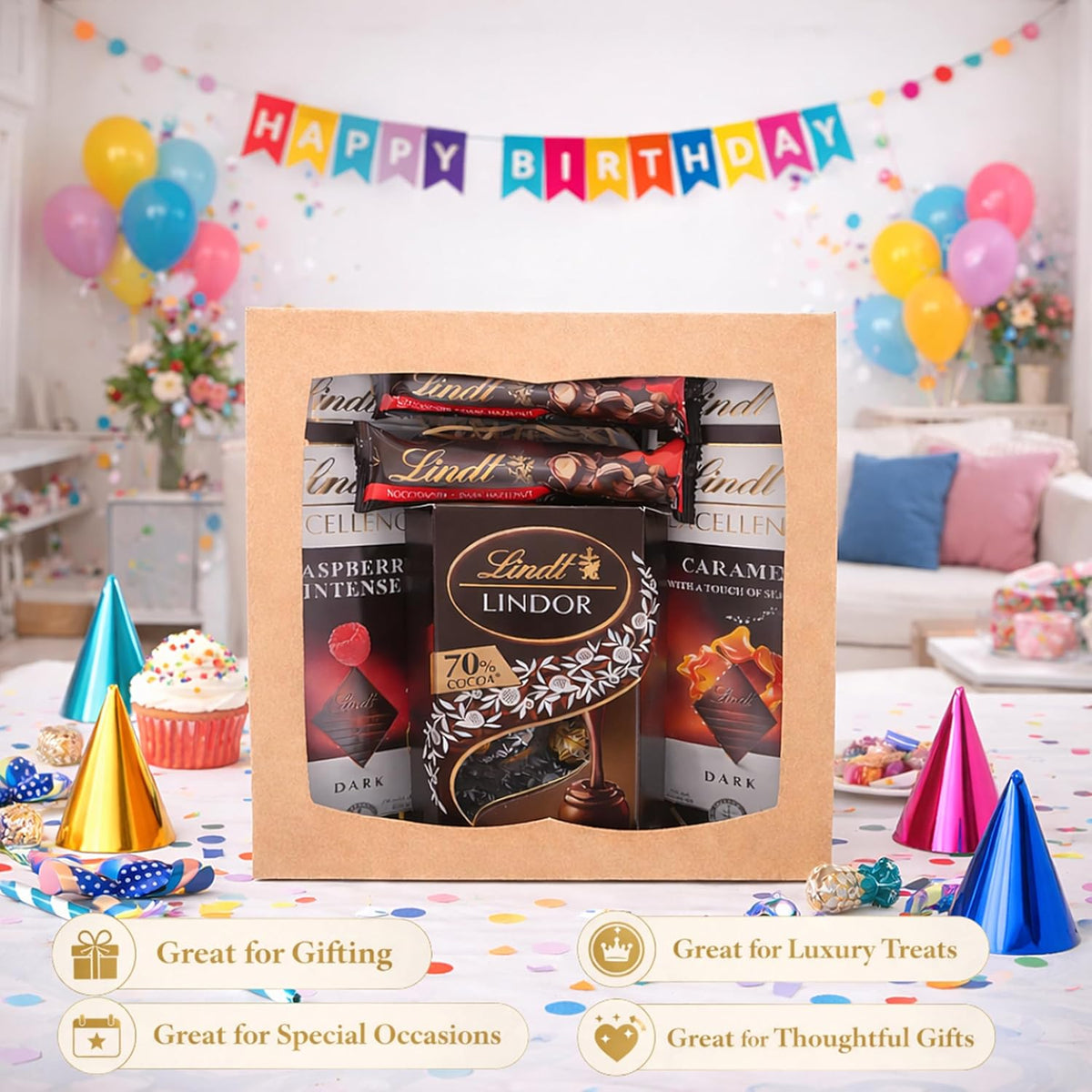 Dark Lindt Chocolates Hamper for Birthday Gifts -  x 100g Caramel, Orange, Raspberry & Hazelnut Flavour Chocolate Bars, Truffles 200g & 2x35g Hazelnut Bars