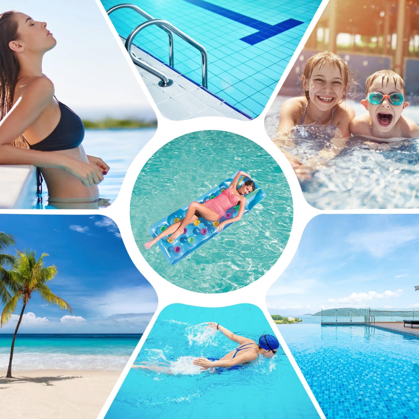 Sun Lounger Float Pool Inflatables - Blue Pool Float Air Bed Inflatable Mattress with Built in Pillow & Heavy Duty Patch Repair Kit. Water Hammock with Topline Card for Swimming Pool, Beach Games