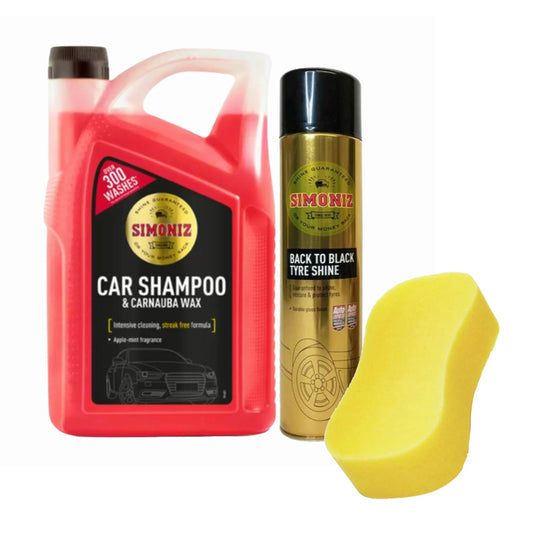 Car Shampoo & Tyre Shine Bundle - Simoniz Dual Action Car Wash Shampoo with Carnauba Wax 5L, Back to Black Tyre Shine Spray 600ml & Large Foam Sponge for Intensive Long Lasting Cleaning with Card