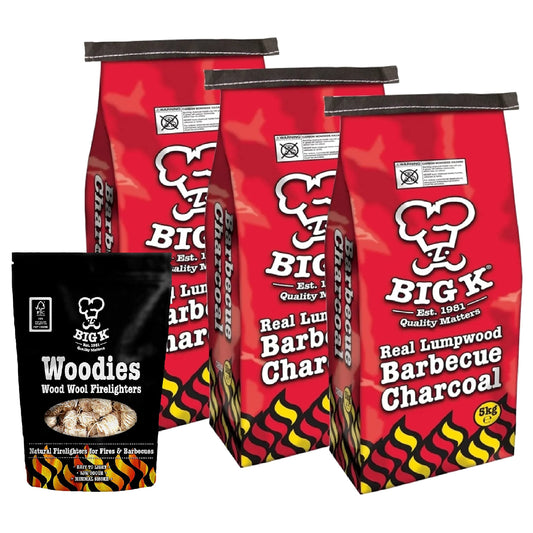 Big K BBQ Grill Charcoal Bulk - Pack of 3 x 5kg Real Lumpwood Charcoal Bags & 300g Woodies Wood Wool Natural Firelighters with Topline Card for Outdoor Barbeque, Fire Pit, Camping BBQs.