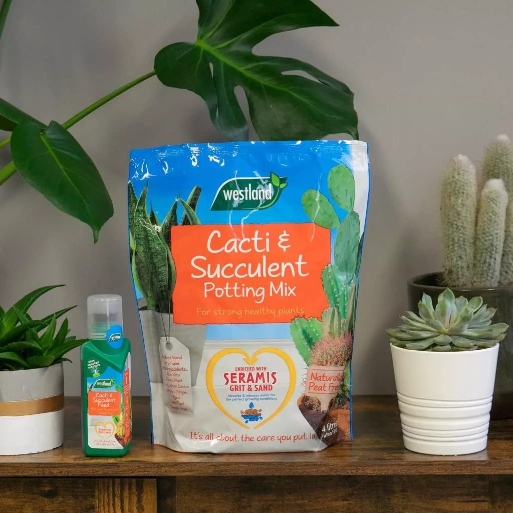 Westland Cacti & Succulent Growing Bundle - Peat Free Succulent Potting Mix Compost with Seramis 4L Bag & Cactus Feed Concentrate 200ml. House Plant Compost Food with Topline Card.