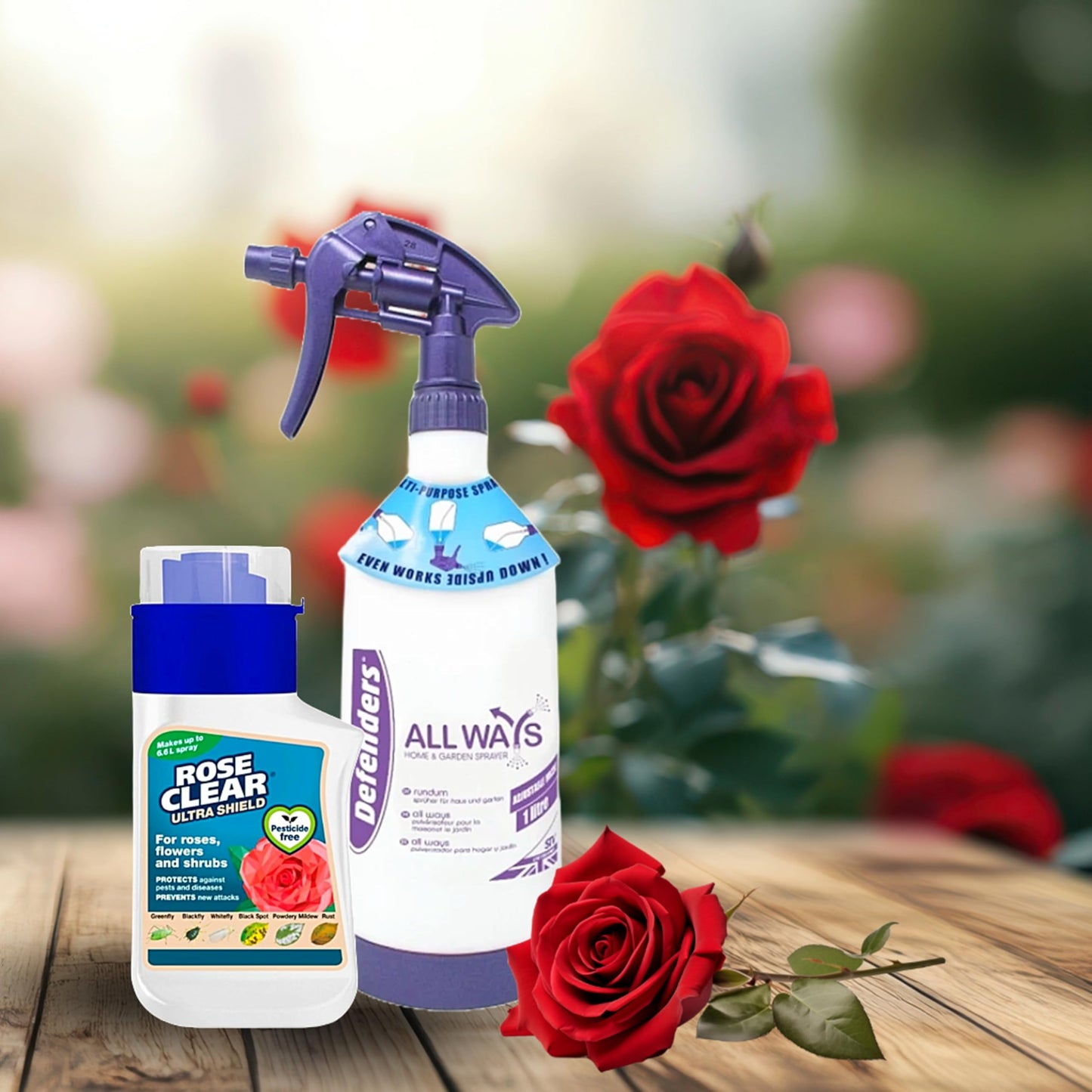 Rose Clear Bug Spray Killer - 1L Multi Purpose Home & Garden Spray Bottle & 3 in 1 Rose Ultra Shield Concentrate 200ml Insecticide and Fungicide Insect Killer. Rose Plant Protection with Topline Card