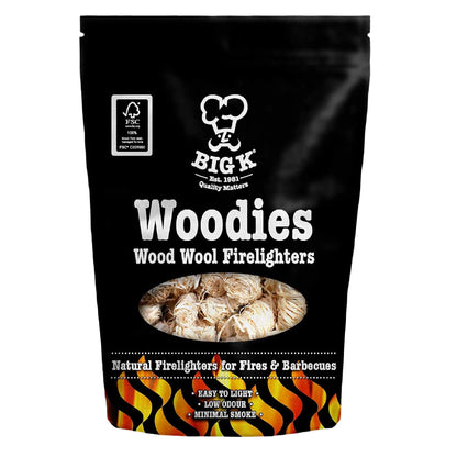 Big K Barbecue Grill Charcoal 3x3kg Lumpwood + Woodies Wood Wool Firelighters 300g