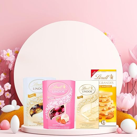 White Chocolate Hamper - Assortment of Strawberries & Cream Truffles 200g, White Chocolate Truffles 200g, Les Grandes with Almonds 150g & Smooth 100g Chocolate Bars