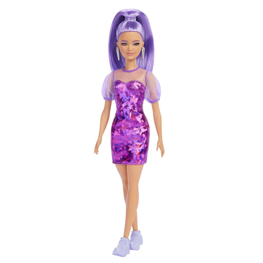 Barbie Fashionistas Doll Petite with Long Purple Hair in Metallic Dress