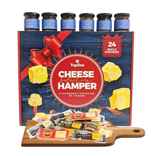 TOPLINE Luxury Cheese Selection of 6 Different Cheese Board Varieties & 6 Chutney's Gift Set for Him and Her | 24 Ilchester Cheese Individually Wrapped Portions & Hampton's Chutneys Cheese Hamper