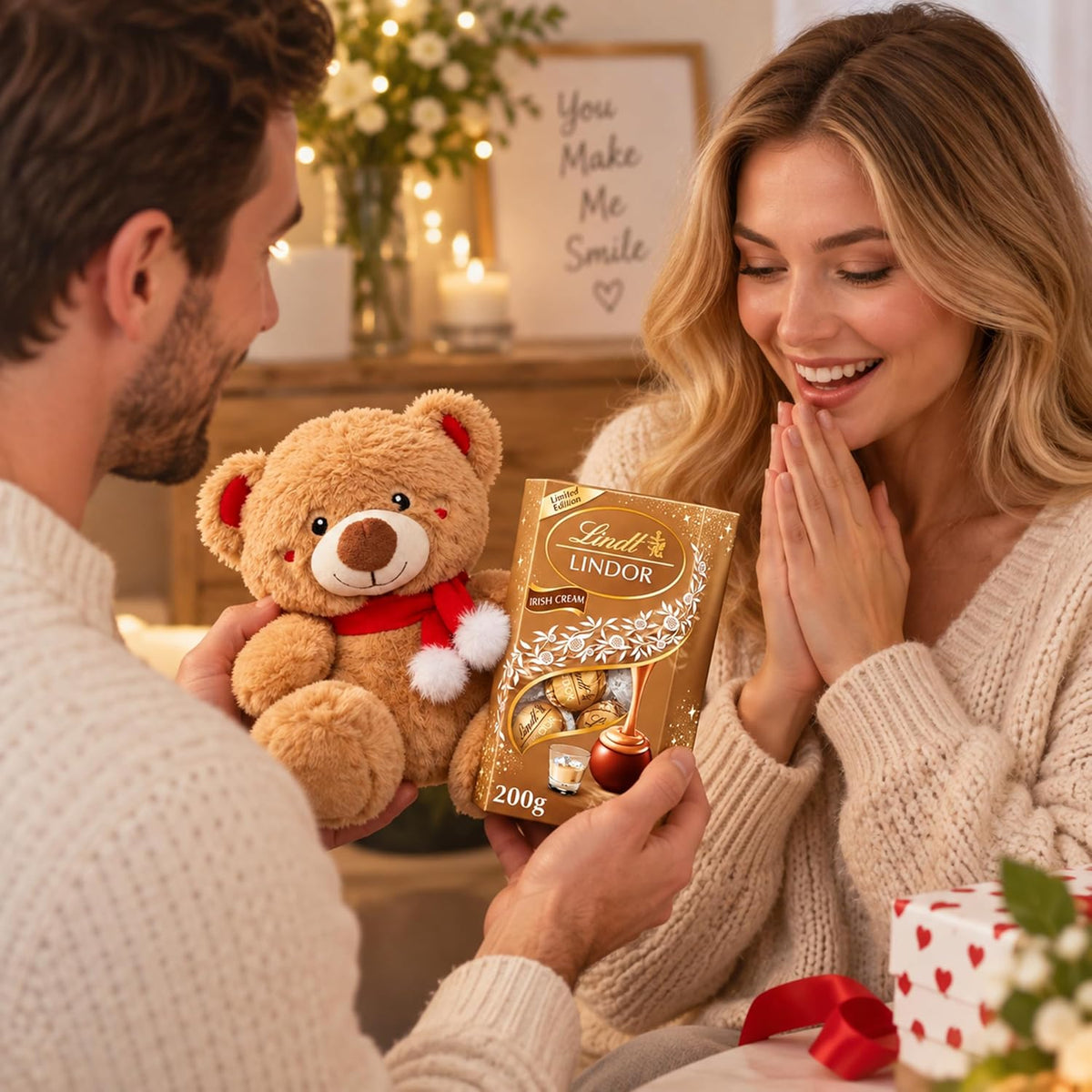 Lindt Chocolates & Teddy Bear for Christmas Gift - Lindor Irish Cream Truffles 200g & Bernie Teddy Bear
