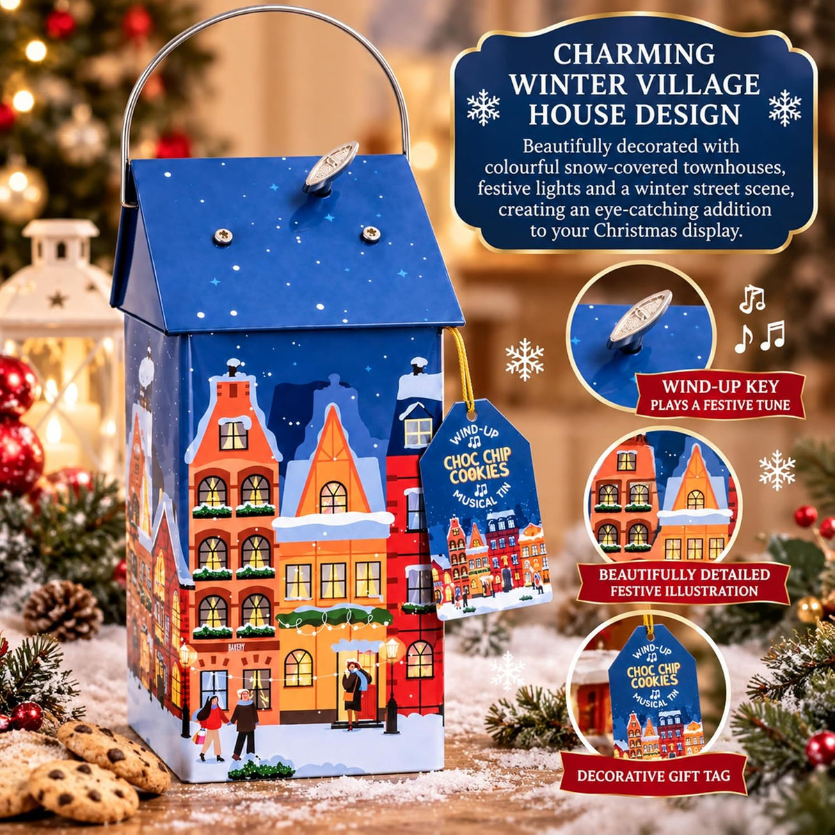 Musical Chocolate Biscuit Tin Gift - Collectible Tin Filled with Milk Chocolate Chips Biscuits 120g