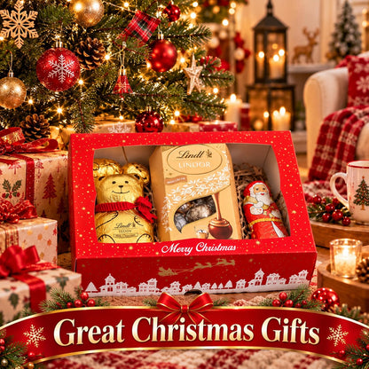 Lindt Chocolates Hamper Gift Box – Assorted 500g Chocolates Gift Box with Irish Cream Truffles, Milk Teddy Bar, Golden Teddy, Santa & Samll Teddy – Secret Santa Christmas Gift Stocking Fillers