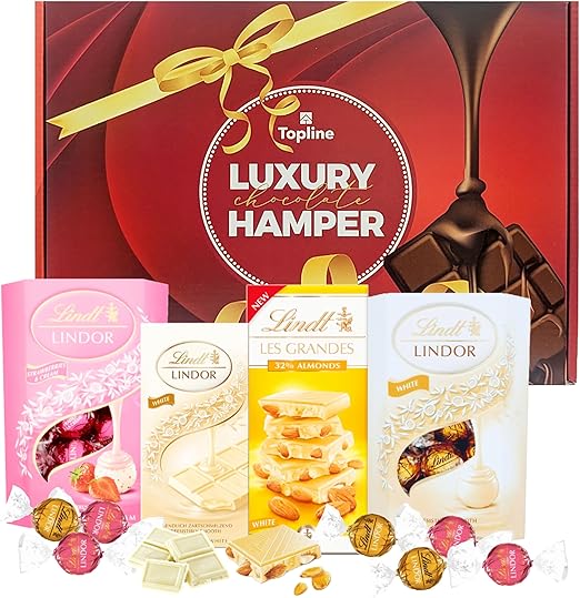 White Chocolate Hamper - Assortment of Strawberries & Cream Truffles 200g, White Chocolate Truffles 200g, Les Grandes with Almonds 150g & Smooth 100g Chocolate Bars