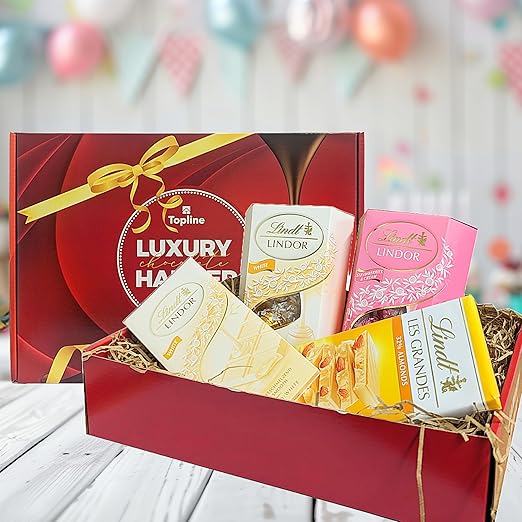 White Chocolate Hamper - Assortment of Strawberries & Cream Truffles 200g, White Chocolate Truffles 200g, Les Grandes with Almonds 150g & Smooth 100g Chocolate Bars