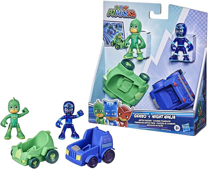 Hasbro PJ Masks - Course Pursuit - F2841 - Pack of 2 Articulated Figurines 8 cm + Vehicles - Gekko + Night Ninja - New