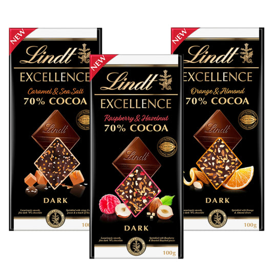 Excellence Chocolate Bars Bulk Buy - 3x100g Assorted 70% Cocoa Dark Chocolate Orange & Almond, Raspberry & Hazelnut, Caramel Sea Salt Chocolate Bulk with Card. Chocolate Gift for Her, Birthday Gifts