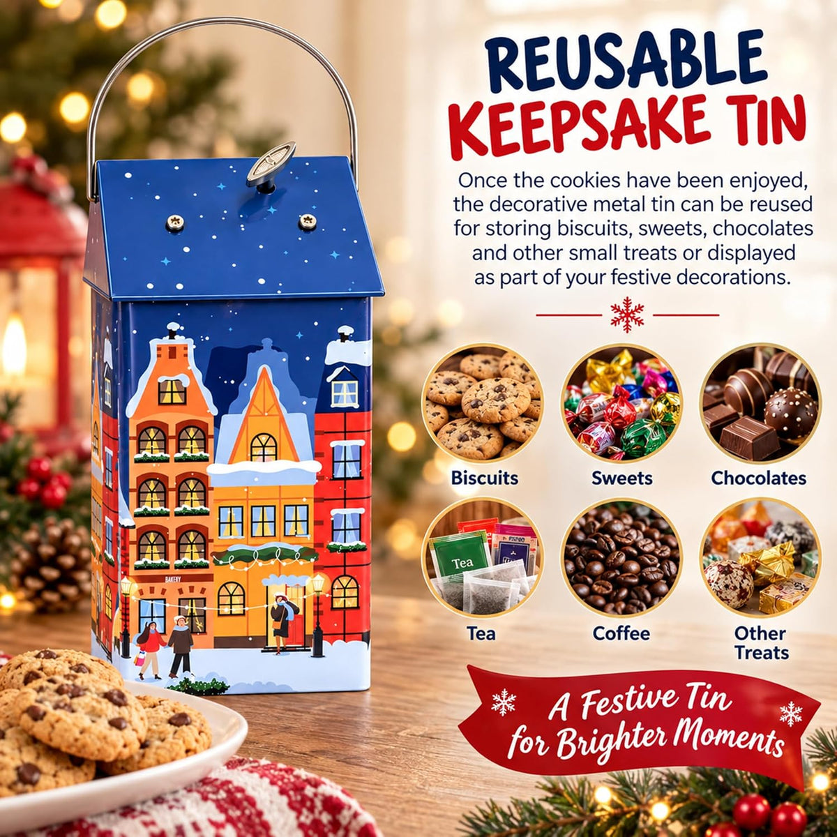 Musical Chocolate Biscuit Tin Gift - Collectible Tin Filled with Milk Chocolate Chips Biscuits 120g