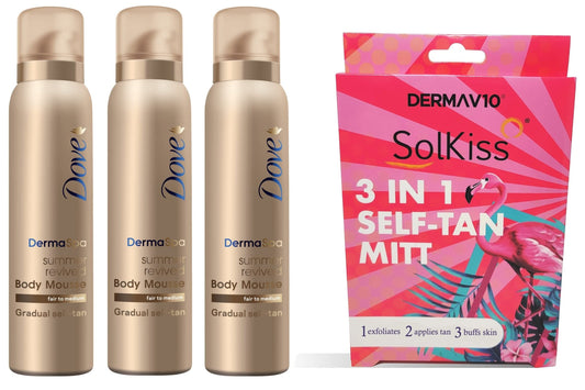 Dove DermaSpa Gradual Self-Tan Body Mousse Fair to Medium 150ml Pack of 3 with Applicator Mitt